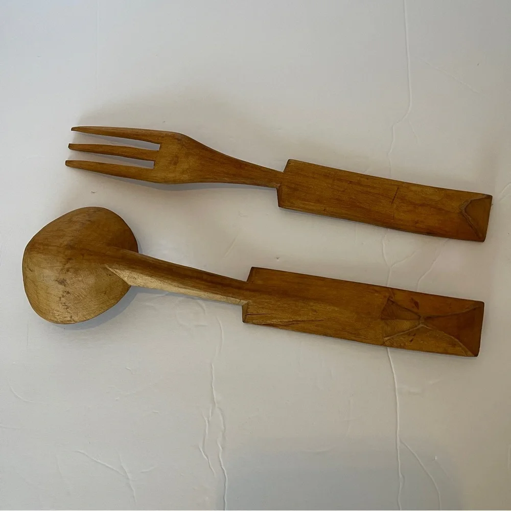 Vintage Carved Teak Salad Servers Fork/Spoon